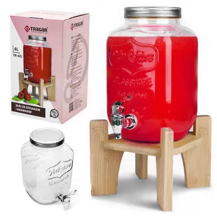 Drankdispenser 4 Liter met Kraantje en Houten Standaard – Glazen Sapdispenser – Limonadedispenser voor Water, Sap & IJsthee