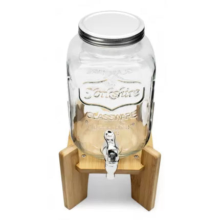 Drankdispenser 4 Liter met Kraantje en Houten Standaard – Glazen Sapdispenser – Limonadedispenser voor Water, Sap & IJsthee