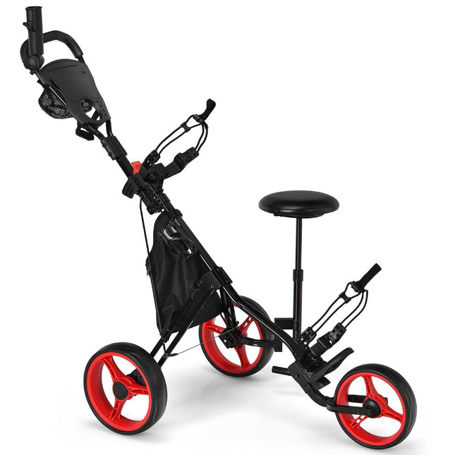 Trendmix Golf trolley Met 3 Wielen Verstelbaar Lichtgewicht - Golfwagen Met Parapluhouder, Zitje En Opbergtas Rood/Zwart 130 x 75 x 98,5-115,5 cm