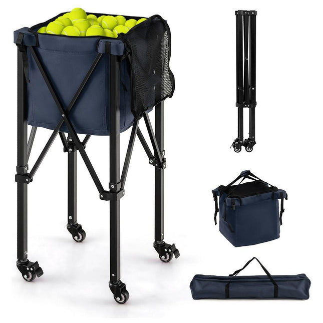 Trendmix Verrijdbare Aluminium Ballenmand Draagbaar Met 4 Wielen - Tot 150 Tennisballen - Inklapbaar En Lichtgewicht - Ballenkar trolley -  Met Zijvak en Draagtas - Blauw