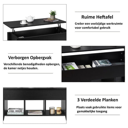 Trendmix Multifunctionele Salontafel Uitklapbaar Zwart 105 x 52 x 49/63 cm - Houten Lift-Top Koffietafel - In Hoogte Verstelbare Woonkamer Tafel Met Verborgen Opbergruimte