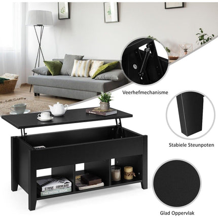 Trendmix Multifunctionele Salontafel Uitklapbaar Zwart 105 x 52 x 49/63 cm - Houten Lift-Top Koffietafel - In Hoogte Verstelbare Woonkamer Tafel Met Verborgen Opbergruimte