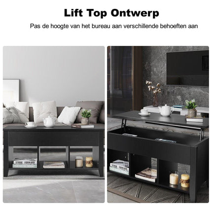 Trendmix Multifunctionele Salontafel Uitklapbaar Zwart 105 x 52 x 49/63 cm - Houten Lift-Top Koffietafel - In Hoogte Verstelbare Woonkamer Tafel Met Verborgen Opbergruimte