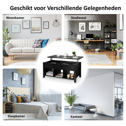 Trendmix Multifunctionele Salontafel Uitklapbaar Zwart 105 x 52 x 49/63 cm - Houten Lift-Top Koffietafel - In Hoogte Verstelbare Woonkamer Tafel Met Verborgen Opbergruimte