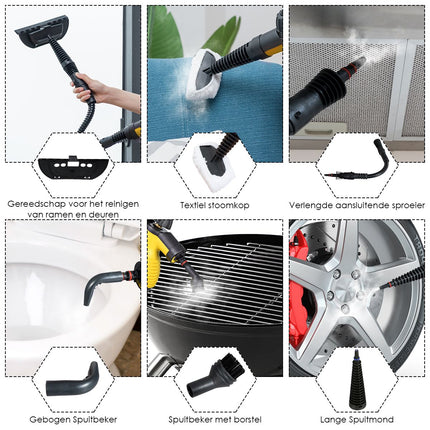 Costway Hand 2de kansje Stoomreiniger Met 9-Delige Accessoireset - Handstomer Met Veilig Ontwerp - 350 ml Geel
