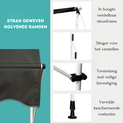 Trendmix Uitschuifbare Klemluifel Zonwering met Slinger - Hoogte Verstelbaar - 150 x 120 cm Grijs
