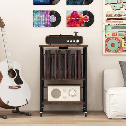 Platenspeler Meubel Met 2 Geïntegreerde Stopcontacten – Vinyl Opbergkast voor 250 LP's – Verrijdbare Platenkast met USB-A & USB-C – Industrieel Bruin