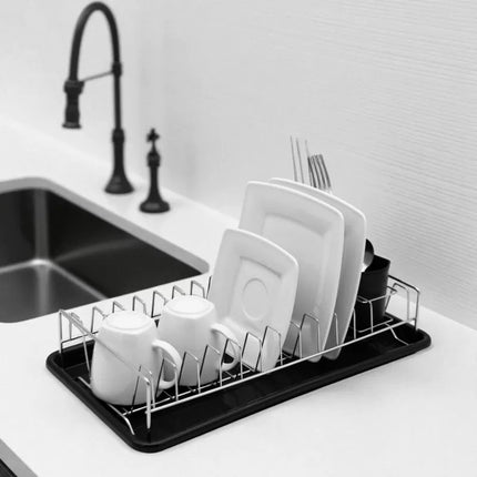 Afdruiprek Zwart met Lekbak en Bestekhouder – Compact RVS Afwasrek voor Borden, Glazen en Servies – MH-8075C