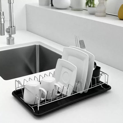 Afdruiprek Zwart met Lekbak en Bestekhouder – Compact RVS Afwasrek voor Borden, Glazen en Servies – MH-8075C