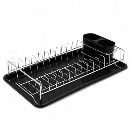 Afdruiprek Zwart met Lekbak en Bestekhouder – Compact RVS Afwasrek voor Borden, Glazen en Servies – MH-8075C