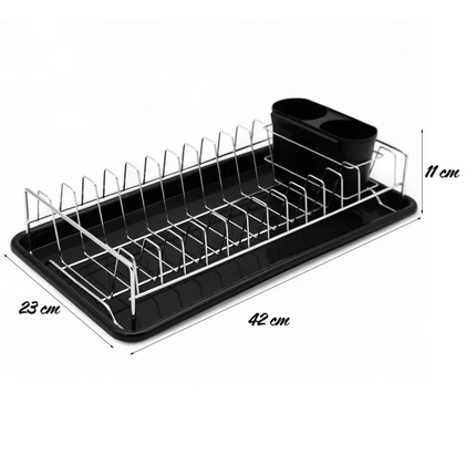 Afdruiprek Zwart met Lekbak en Bestekhouder – Compact RVS Afwasrek voor Borden, Glazen en Servies – MH-8075C