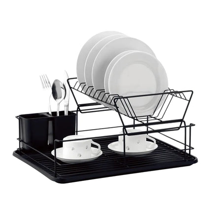 Afdruiprek 2 Laags met Lekbak en Bestekhouder – RVS Afwasrek Zwart voor Borden, Glazen, Mokken en Servies – MH-311010-2