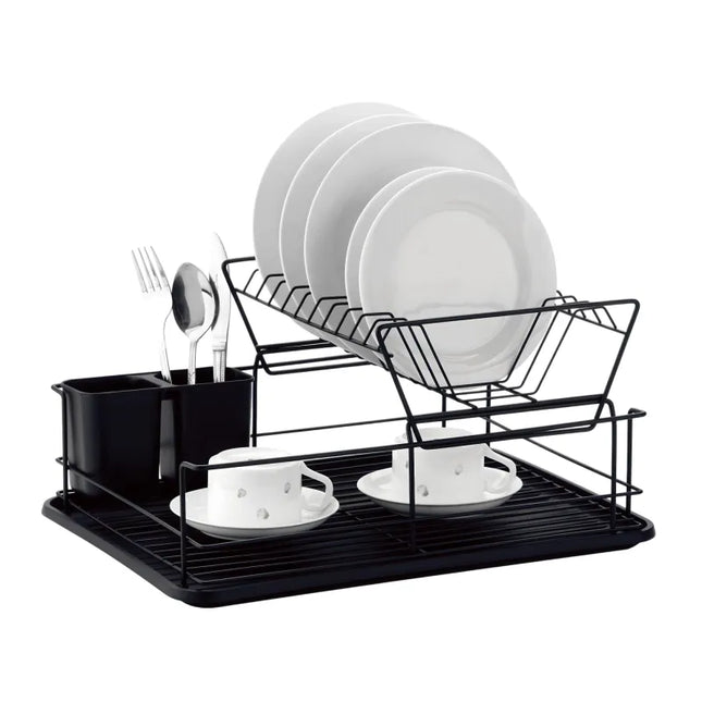 Afdruiprek 2 Laags met Lekbak en Bestekhouder – RVS Afwasrek Zwart voor Borden, Glazen, Mokken en Servies – MH-311010-2