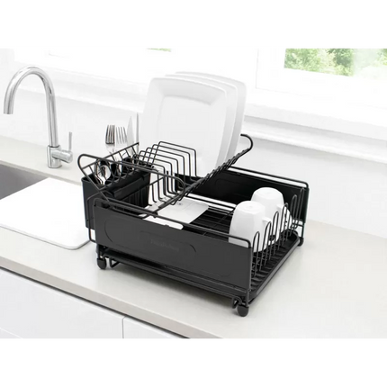 Afdruiprek 2 Laags met Lekbak en Bestekhouder – RVS Afwasrek Zwart voor Borden, Glazen, Mokken en Servies – MH-311058P