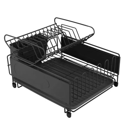 Afdruiprek 2 Laags met Lekbak en Bestekhouder – RVS Afwasrek Zwart voor Borden, Glazen, Mokken en Servies – MH-311058P