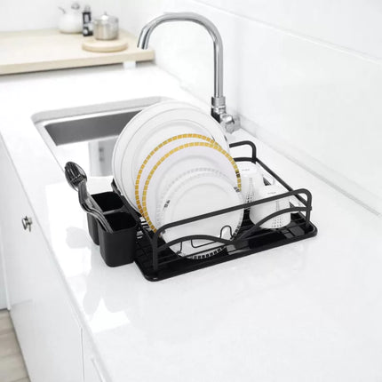 Afdruiprek Zwart met Lekbak en Bestekhouder – Afwasrek RVS voor Borden, Glazen, Mokken en Servies – 42 cm – MH-312019P