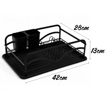 Afdruiprek Zwart met Lekbak en Bestekhouder – Afwasrek RVS voor Borden, Glazen, Mokken en Servies – 42 cm – MH-312019P