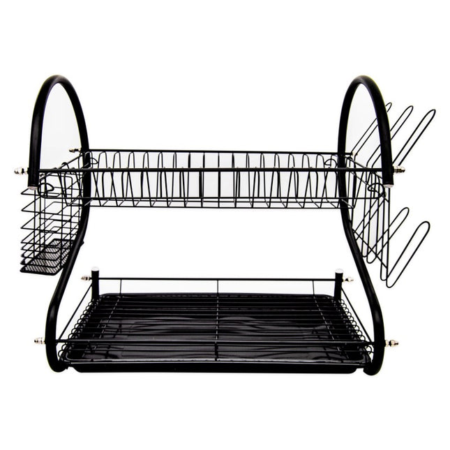 Afdruiprek 2 Laags Zwart met Lekbak, Bestekhouder en Bekerhouder – RVS Afwasrek voor Servies, Borden & Glazen – MH-8012