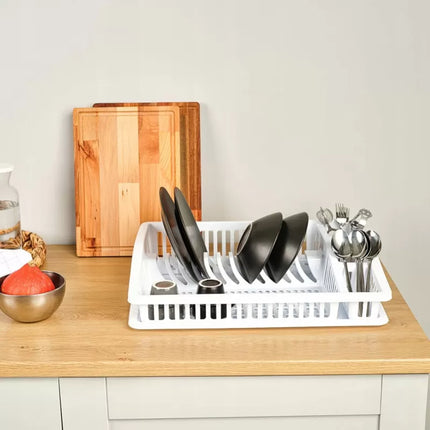 Afdruiprek Grijs met Bestekhouder – Kunststof Afwasrek voor Borden, Glazen, Mokken en Servies – 47 cm – 07105