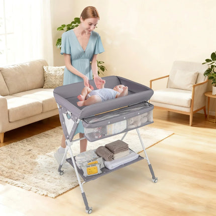Baby Joy 4-in-1 Inklapbare Babycommode – Grijs – Verstelbaar – Met Wielen, Veiligheidsgordel & Opbergruimte – Luiertafel