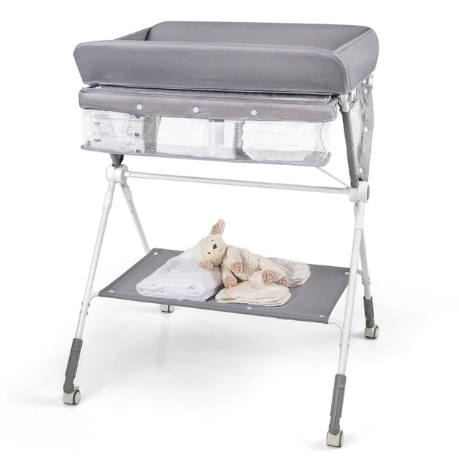 Baby Joy 4-in-1 Inklapbare Babycommode – Grijs – Verstelbaar – Met Wielen, Veiligheidsgordel & Opbergruimte – Luiertafel