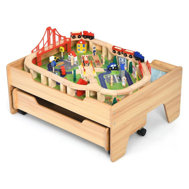 Trendmix 2-in-1 Houten Montessori Treinset En Speeltafel Met Lade 78 x 63 x 33 Cm - 100 Delige Speelset - STEM Speelgoed