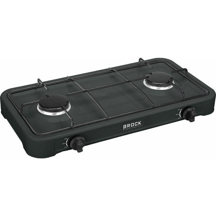 BROCK 2-Pits Draagbaar Gasfornuis – Camping Kooktoestel op LPG (Butaan/Propaan) – Gietijzer – Zwart – 54x29x6 cm