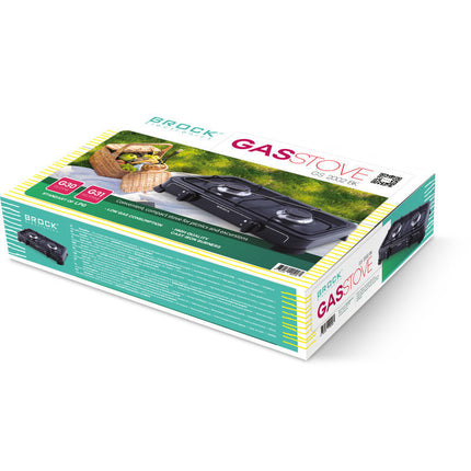 BROCK 2-Pits Draagbaar Gasfornuis – Camping Kooktoestel op LPG (Butaan/Propaan) – Gietijzer – Zwart – 54x29x6 cm