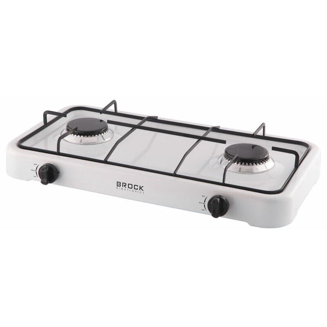 BROCK 2-Pits Draagbaar Gasfornuis – Camping Kooktoestel op LPG (Butaan/Propaan) – Gietijzer – Wit – 46,6 x 25,7 x 6,3 cm