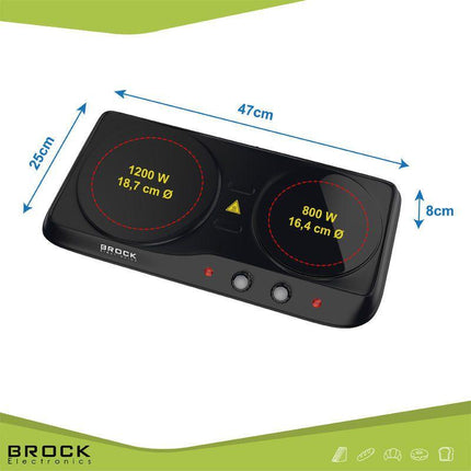 Brock Electronics Compacte Elektrische Kookplaat - Infrarood Kookplaat - 2 Pits - 1200 + 800W - Zwart