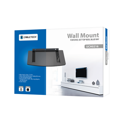 Cabletech Wandplank Voor Decorders / Dvd / Blu-ray-spelers / Gameconsoles - Gehard Glas - Max belastbaar gewicht 10Kg - Zwart