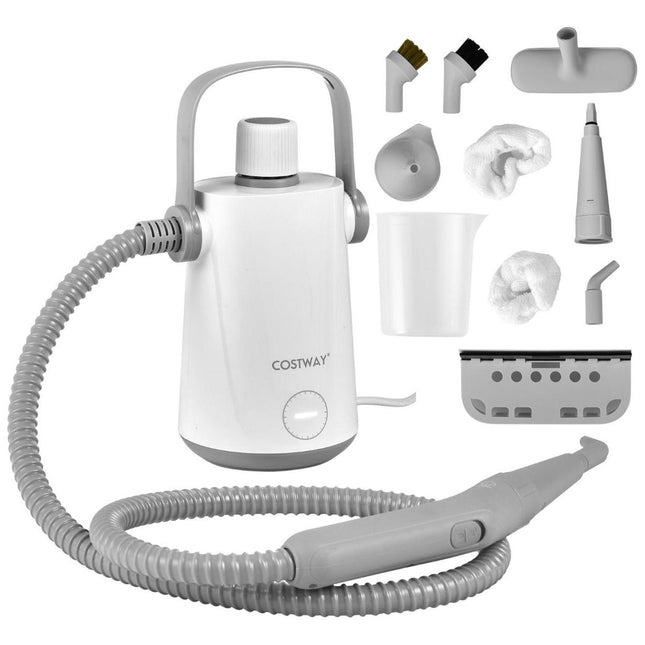 Costway Handstoomreiniger 1000 W - 300 ml Watercapaciteit - 10 Accessoiresets Stoomreiniger voor Tapijten Ramen Bekleding Grijs + Wit