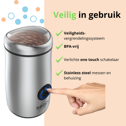 Brock Elektrische Koffiemolen Zilver - Koffiebonen Maler - Voor Kruiden, Noten & Specerijen - Snel & Stil - BPA-vrij - RVS Mes
