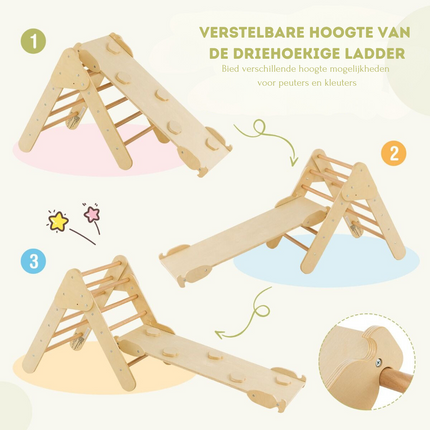 Trendmix 3 in 1 Houten Klimset voor Kinderen - Klimrek met Glijbaan - Klimdriehoek en Klimboog - Natuurlijk Hout