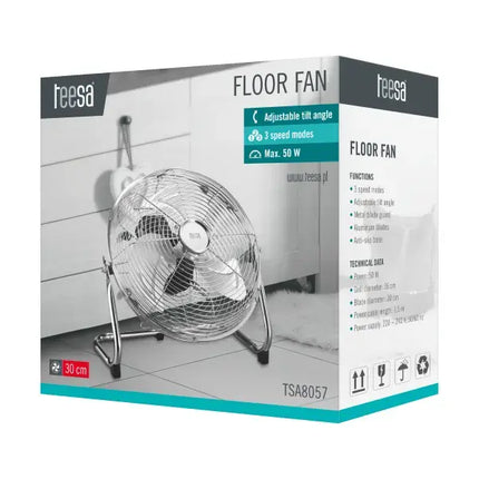 Teesa Vloerventilator 30 cm – Staand – 3 Snelheden – Verstelbare Kantelhoek – 50W – Metaal – TSA8057