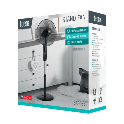 Teesa Staande Ventilator met Afstandsbediening – 16 Inch – Zwart – 3 Snelheden – 90° Oscillatie – Timer & Touchscreen