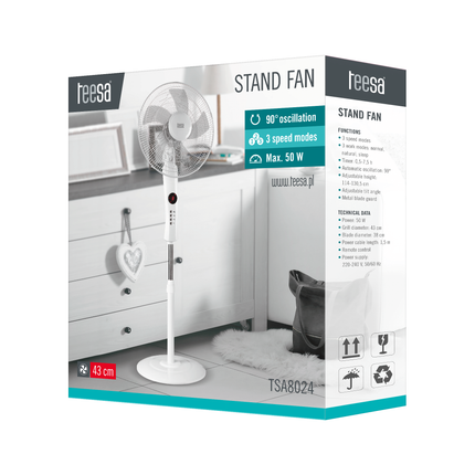 Teesa statiefventilator met afstandsbediening 3 standen timer wit TSA8024
