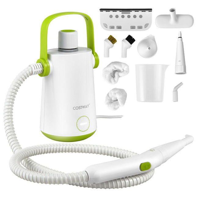 Costway Handstoomreiniger 1000 W - 300 ml Watercapaciteit - 10 Accessoiresets Stoomreiniger voor Tapijten Ramen Bekleding Groen + Wit