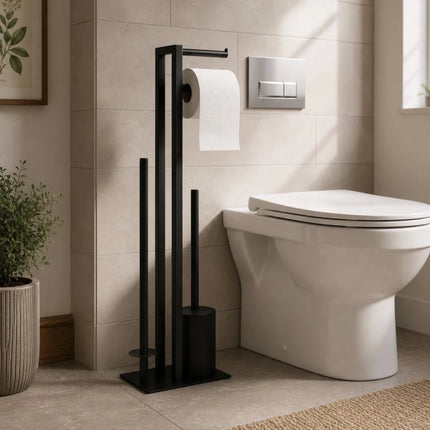 Toiletrolhouder met WC Borstel – Vrijstaande Toiletpapierhouder met Reserverollen – Zwart