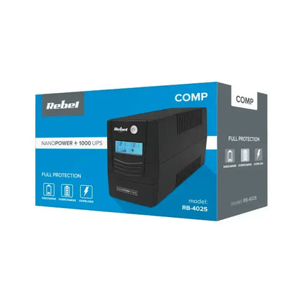 REBEL UPS 1000VA – LCD – Noodstroomvoorziening 600W – USB & RJ45 – Batterij Back-up voor PC & Router