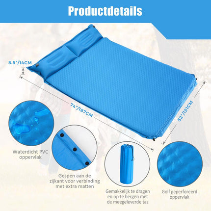 Trendmix 2 Persoons Zelfopblazende Slaapmat Met Kussens 187 x 131 x 4cm - Campingmat - Camping matras - Blauw