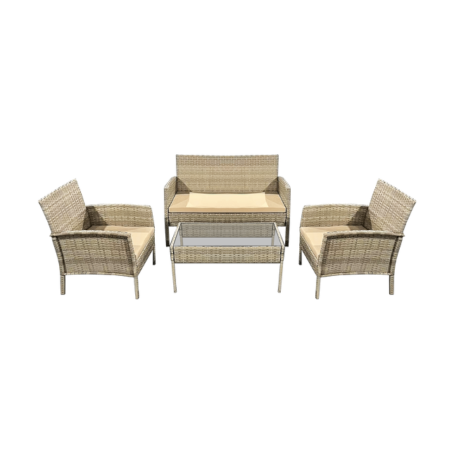 Teesa Mia 4-delige Rattan Tuin Loungeset Beige - Meubelset met Bankje - Balkonmeubelset Fauteuils - Tafel loungeset