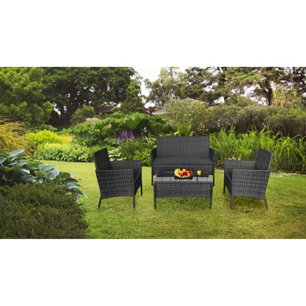 Teesa Rose 4-delige Rattan Tuin Loungeset Zwart - Meubelset met Bankje - Balkonmeubelset Fauteuils - Tafel loungeset