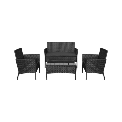 Teesa Rose 4-delige Rattan Tuin Loungeset Zwart - Meubelset met Bankje - Balkonmeubelset Fauteuils - Tafel loungeset