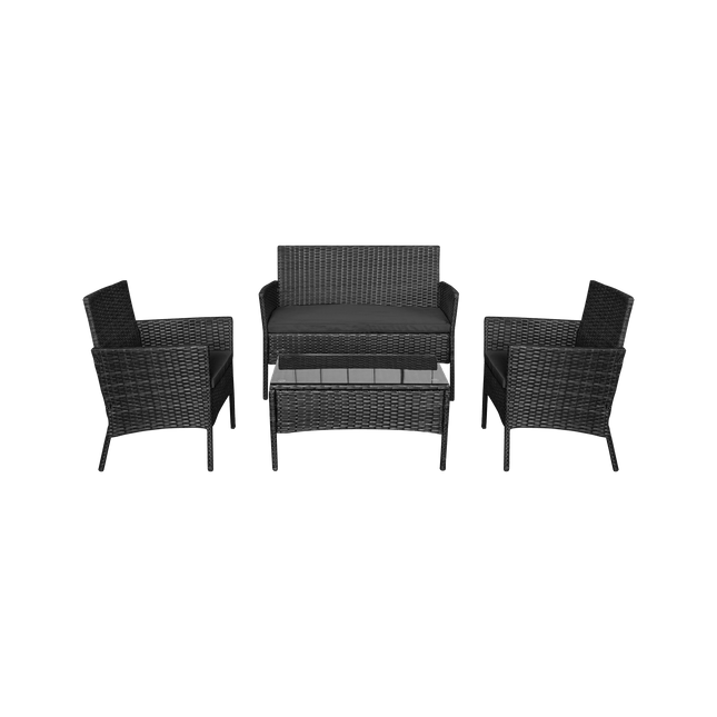 Teesa Rose 4-delige Rattan Tuin Loungeset Zwart - Meubelset met Bankje - Balkonmeubelset Fauteuils - Tafel loungeset