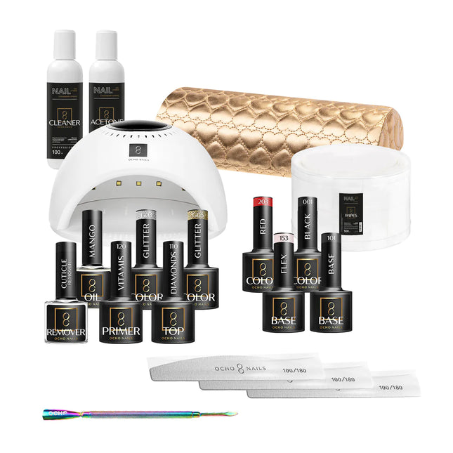 Ocho Nails Starterspakket Hybride 3 – UV/LED Lamp 84W + Armkussen + 4 Kleuren Gellak – Compleet Manicure Set