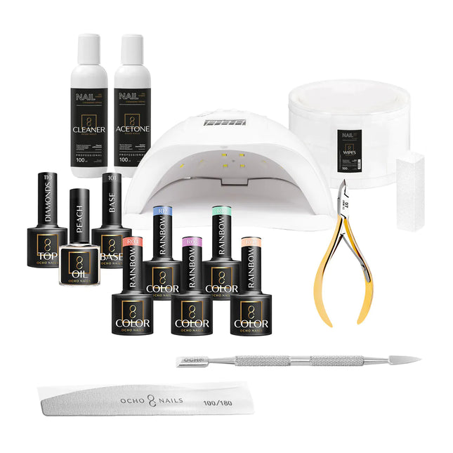 Ocho Nails Starterpakket Hybride 4 – Complete Set met UV/LED Lamp – 5 Kleuren Rainbow Gellak – Voor Thuis en Salon