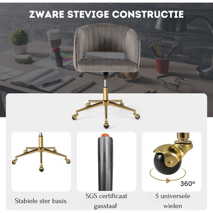 Trendmix Moderne Fluwelen Kantelbare Bureaustoel Grijs - Draaistoel met Gestoffeerde Rugleuning - Gouden Onderstel & 360° Wielen - In Hoogte Verstelbaar - 150 kg Belasting