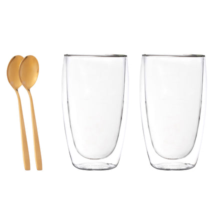 Altom design Andrea set van 2 dubbelwandige glazen van gehard glas met 2 gouden theelepels 380 ml