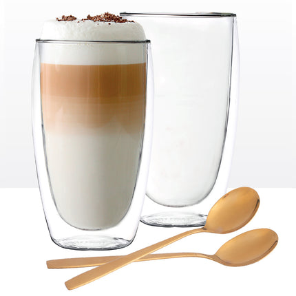 Altom design Andrea set van 2 dubbelwandige glazen van gehard glas met 2 gouden theelepels 380 ml